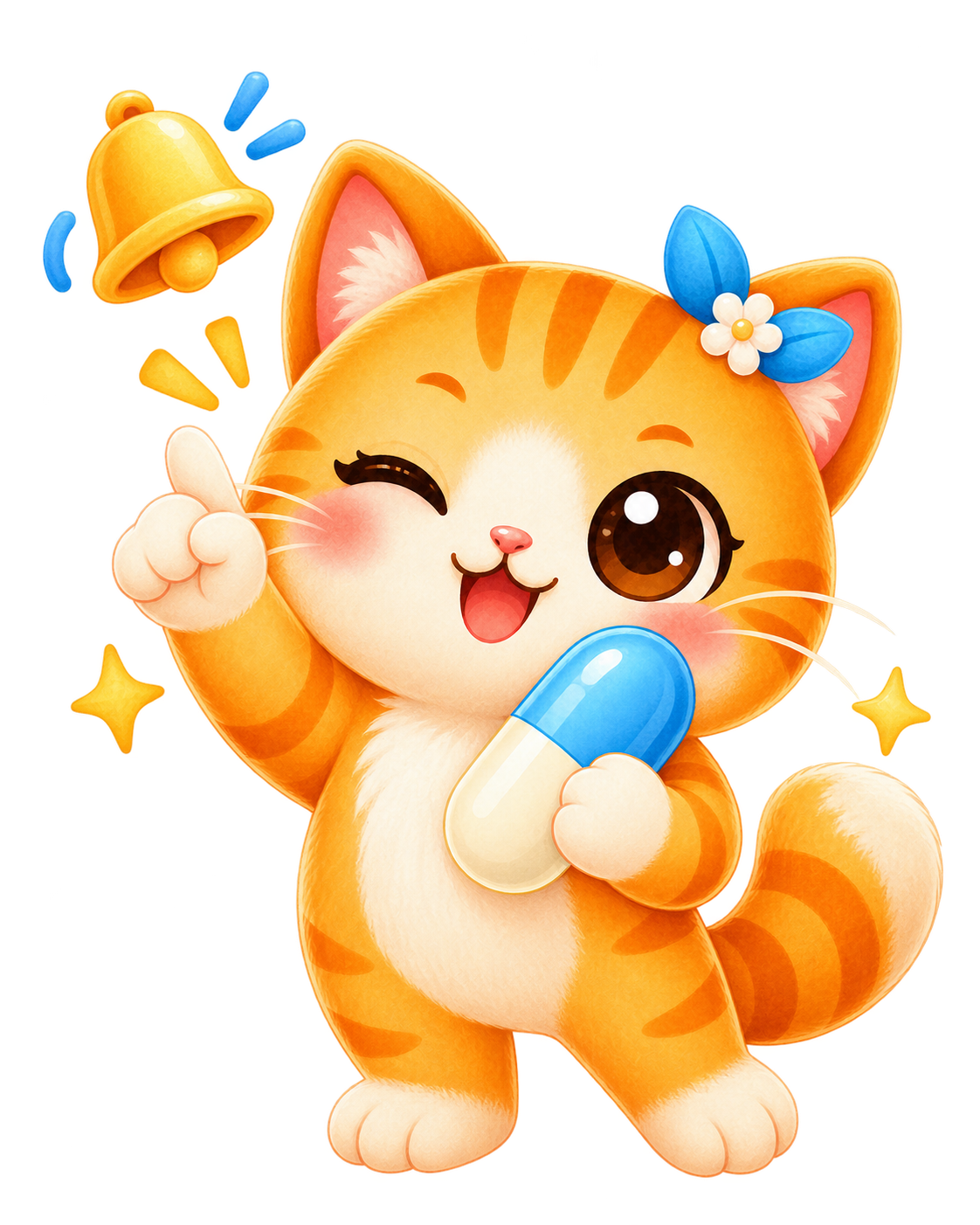 Cheerful orange Pill Cat mascot holding a blue and cream capsule